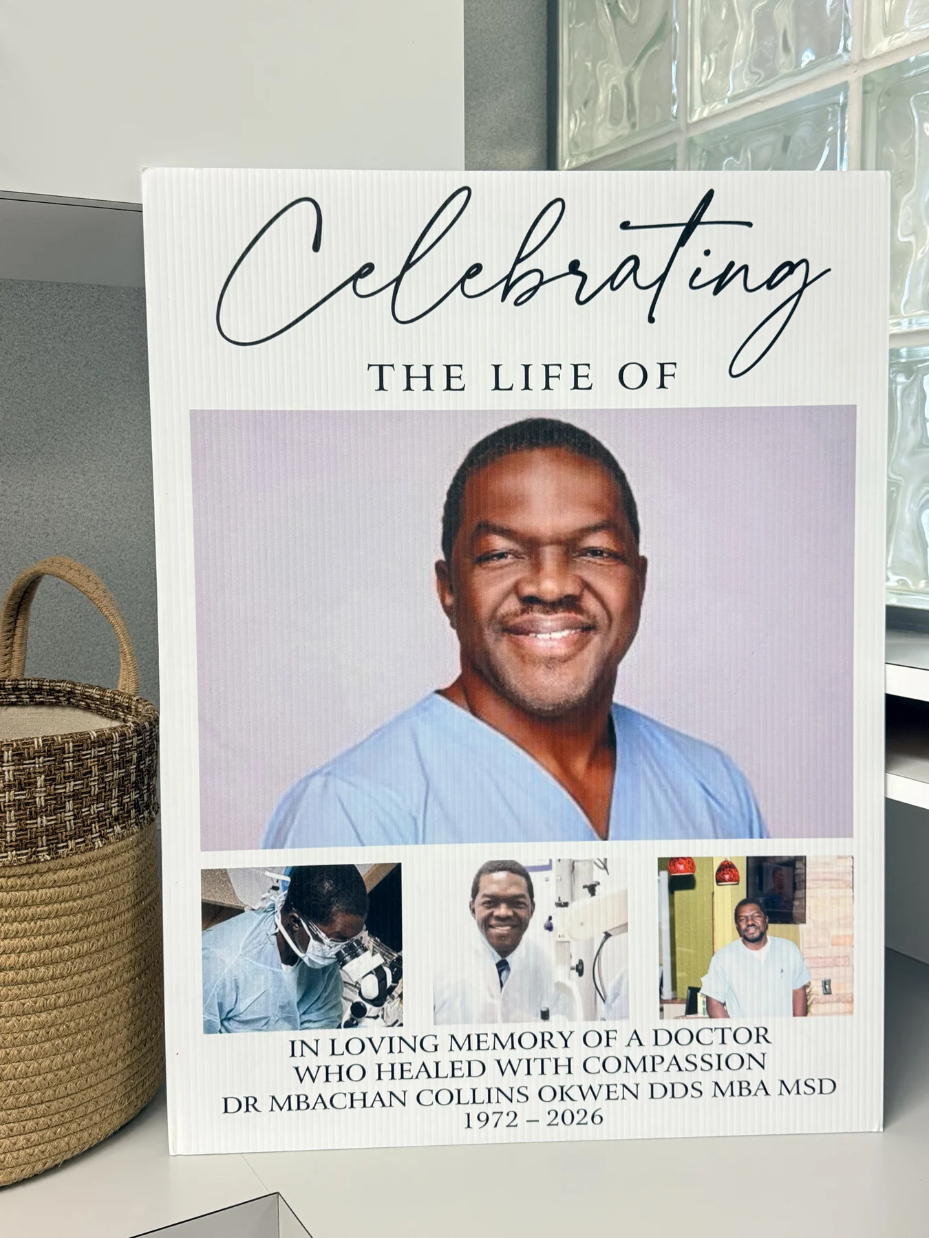 Dr. Okwen’s memorial display inside the Imma Dental office